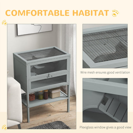 3 Tier Wooden Hamster Cage with Storage Shelf and Openable Top - Grey