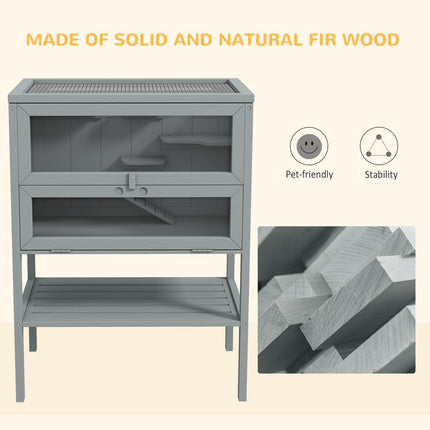 3 Tier Wooden Hamster Cage with Storage Shelf and Openable Top - Grey