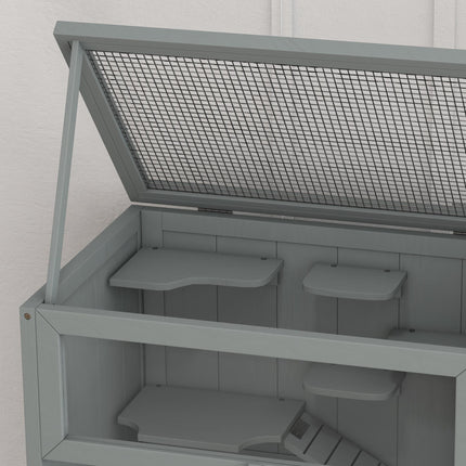 3 Tier Wooden Hamster Cage with Storage Shelf and Openable Top - Grey
