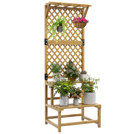 Wooden Plant Stand with Trellis and Shelves 60x50x166cm - Natural Finish