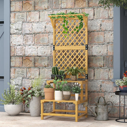 Wooden Plant Stand with Trellis and Shelves 60x50x166cm - Natural Finish