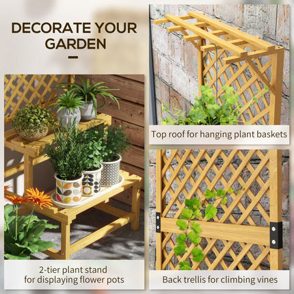 Wooden Plant Stand with Trellis and Shelves 60x50x166cm - Natural Finish