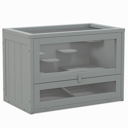 Wooden Hamster Cage Small Animals Hutch with Ramp 60x35x42cm - Grey