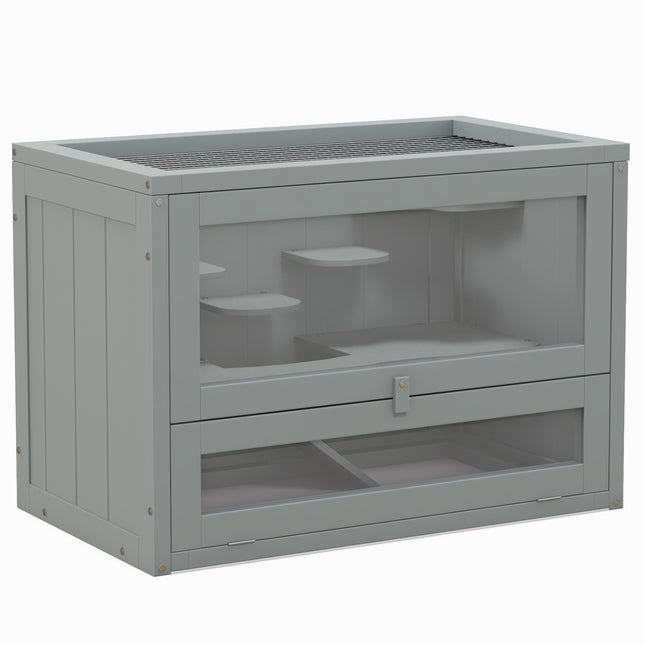 Wooden Hamster Cage Small Animals Hutch with Ramp 60x35x42cm - Grey