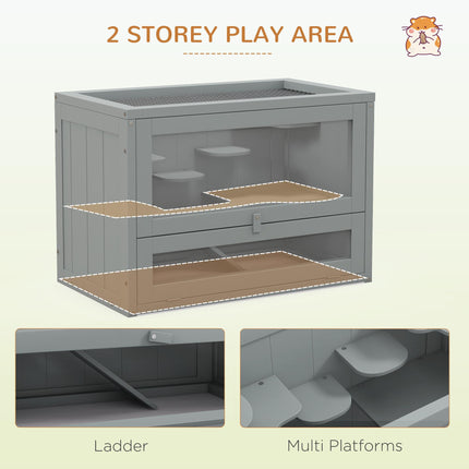 Wooden Hamster Cage Small Animals Hutch with Ramp 60x35x42cm - Grey