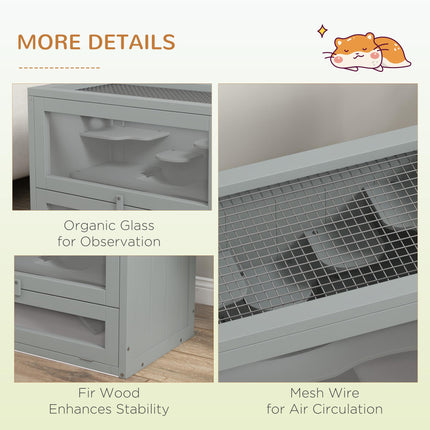 Wooden Hamster Cage Small Animals Hutch with Ramp 60x35x42cm - Grey