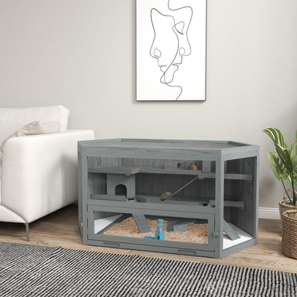 Large 3 Tier Wooden Hamster Cage with Sliding Tray, Seesaws & Water Bottle - Grey