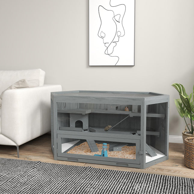 Large 3 Tier Wooden Hamster Cage with Sliding Tray, Seesaws & Water Bottle - Grey