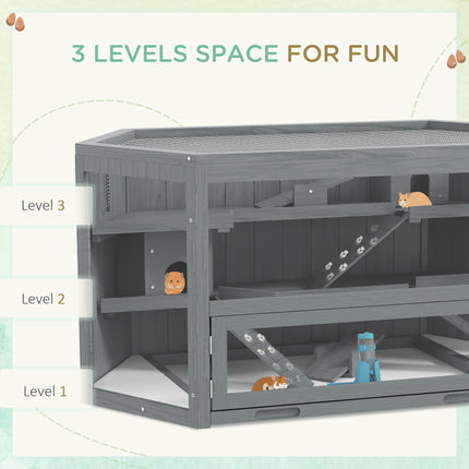 Large 3 Tier Wooden Hamster Cage with Sliding Tray, Seesaws & Water Bottle - Grey
