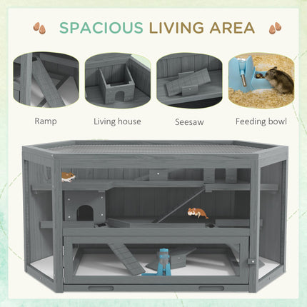 Large 3 Tier Wooden Hamster Cage with Sliding Tray, Seesaws & Water Bottle - Grey