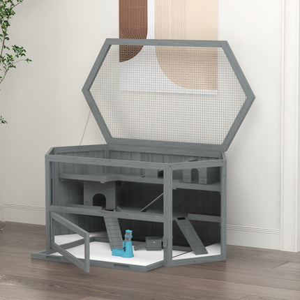 Large 3 Tier Wooden Hamster Cage with Sliding Tray, Seesaws & Water Bottle - Grey
