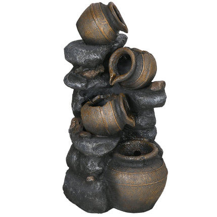 Solar Powered 4 Tier Cascading Garden Water Fountain with LED Lights and Pump, 72cm Height - Grey Brown