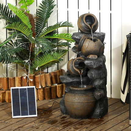 Solar Powered 4 Tier Cascading Garden Water Fountain with LED Lights and Pump, 72cm Height - Grey Brown