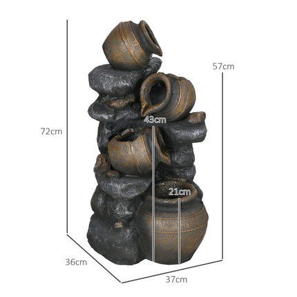 Solar Powered 4 Tier Cascading Garden Water Fountain with LED Lights and Pump, 72cm Height - Grey Brown