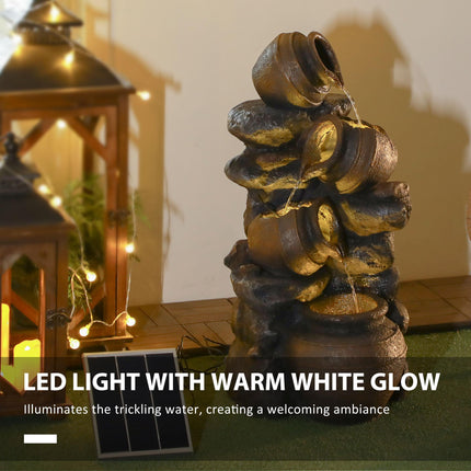 Solar Powered 4 Tier Cascading Garden Water Fountain with LED Lights and Pump, 72cm Height - Grey Brown