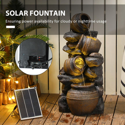 Solar Powered 4 Tier Cascading Garden Water Fountain with LED Lights and Pump, 72cm Height - Grey Brown
