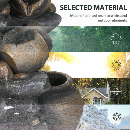 Solar Powered 4 Tier Cascading Garden Water Fountain with LED Lights and Pump, 72cm Height - Grey Brown