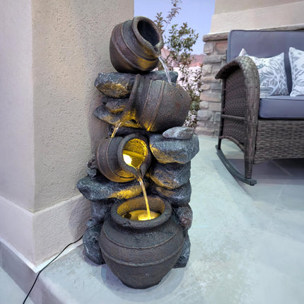 Solar Powered 4 Tier Cascading Garden Water Fountain with LED Lights and Pump, 72cm Height - Grey Brown