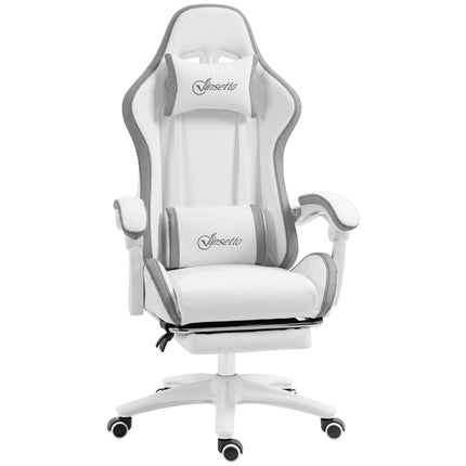Computer Gaming Chair with 135° Recline, Footrest & Lumbar Support - White Grey