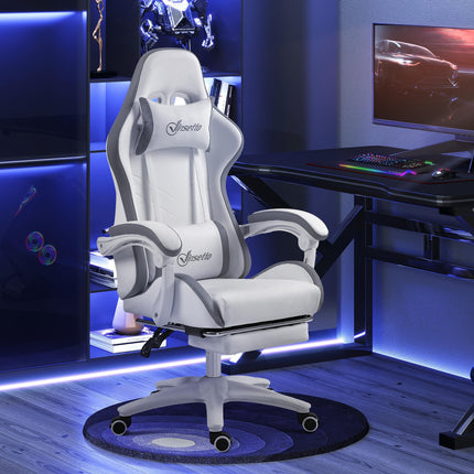 Computer Gaming Chair with 135° Recline, Footrest & Lumbar Support - White Grey