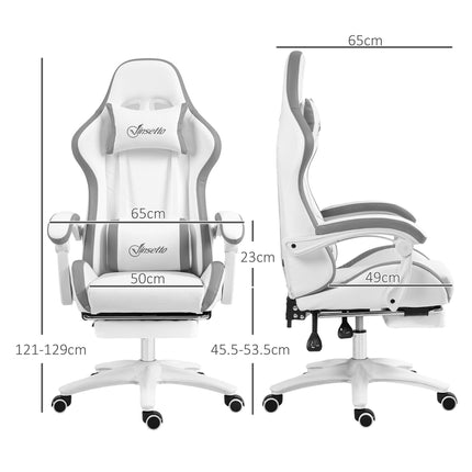 Computer Gaming Chair with 135° Recline, Footrest & Lumbar Support - White Grey
