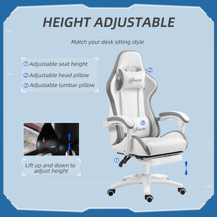 Computer Gaming Chair with 135° Recline, Footrest & Lumbar Support - White Grey
