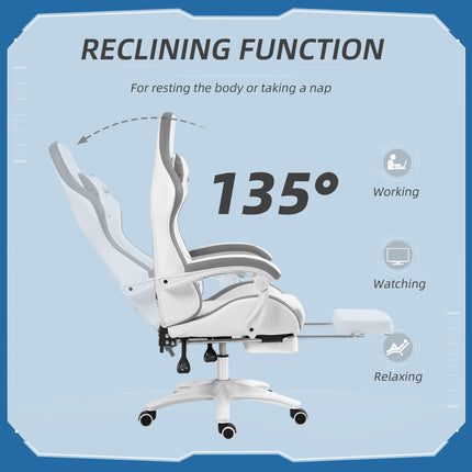 Computer Gaming Chair with 135° Recline, Footrest & Lumbar Support - White Grey