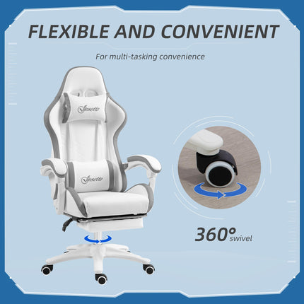 Computer Gaming Chair with 135° Recline, Footrest & Lumbar Support - White Grey