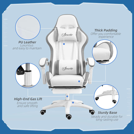 Computer Gaming Chair with 135° Recline, Footrest & Lumbar Support - White Grey