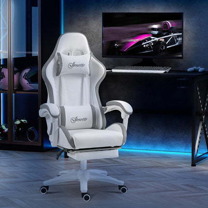 Computer Gaming Chair with 135° Recline, Footrest & Lumbar Support - White Grey