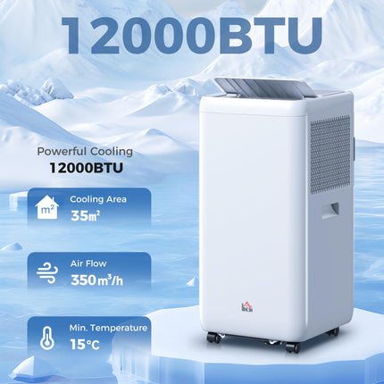 12000 BTU Mobile Air Conditioner for Rooms up to 28m² with Dehumidifier, Auto & Sleep Mode, 24H Timer, Wheels - White
