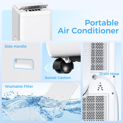 12000 BTU Mobile Air Conditioner for Rooms up to 28m² with Dehumidifier, Auto & Sleep Mode, 24H Timer, Wheels - White