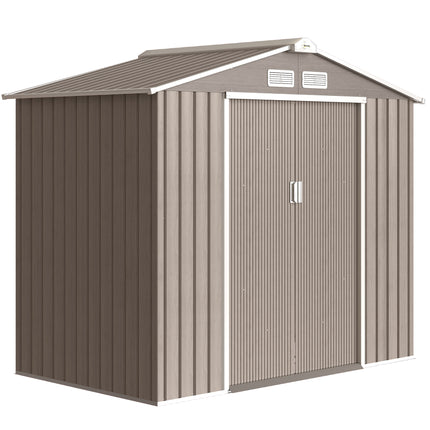 7ft x 4ft Metal Garden Storage Shed with Lockable Sliding Doors - Brown