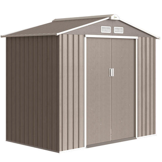 7ft x 4ft Metal Garden Storage Shed with Lockable Sliding Doors - Brown