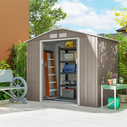 7ft x 4ft Metal Garden Storage Shed with Lockable Sliding Doors - Brown