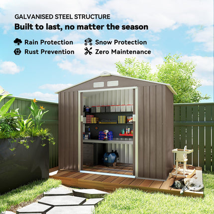 7ft x 4ft Metal Garden Storage Shed with Lockable Sliding Doors - Brown