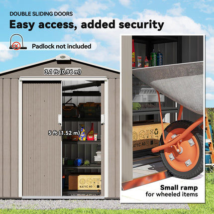 7ft x 4ft Metal Garden Storage Shed with Lockable Sliding Doors - Brown
