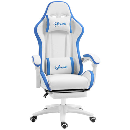 Computer Gaming Chair with Footrest, 135° Reclining Swivel Desk Chair with Lumbar Support for Adults - White and Blue