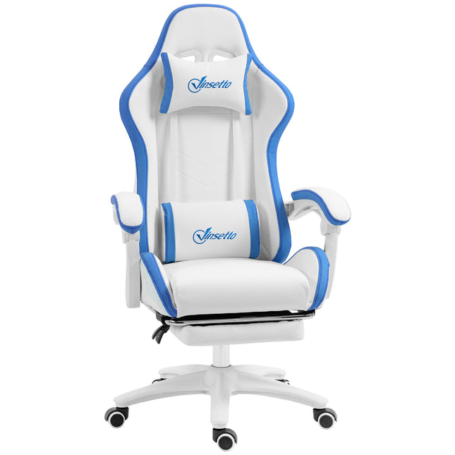 Computer Gaming Chair with Footrest, 135° Reclining Swivel Desk Chair with Lumbar Support for Adults - White and Blue