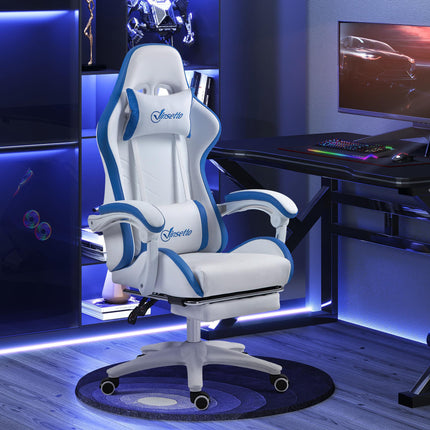 Computer Gaming Chair with Footrest, 135° Reclining Swivel Desk Chair with Lumbar Support for Adults - White and Blue