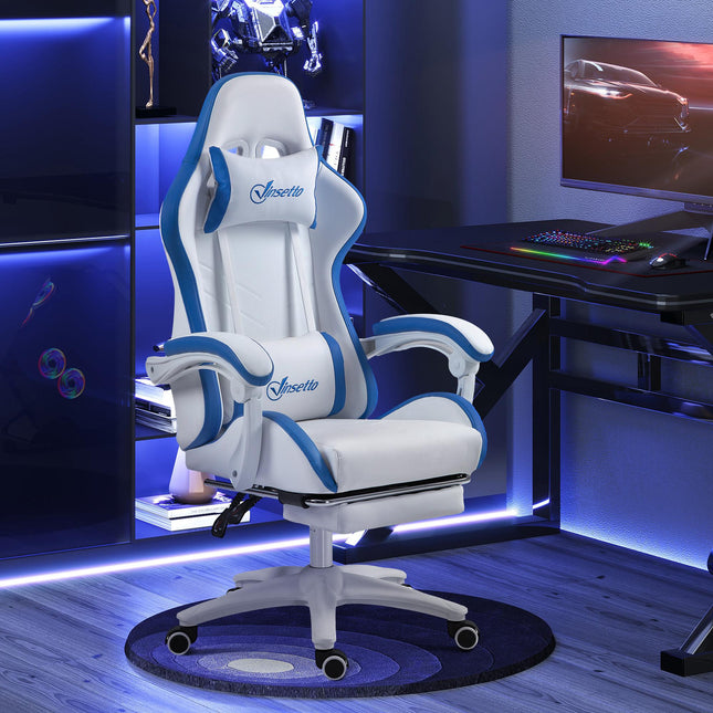 Computer Gaming Chair with Footrest, 135° Reclining Swivel Desk Chair with Lumbar Support for Adults - White and Blue