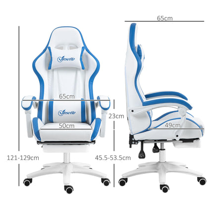 Computer Gaming Chair with Footrest, 135° Reclining Swivel Desk Chair with Lumbar Support for Adults - White and Blue