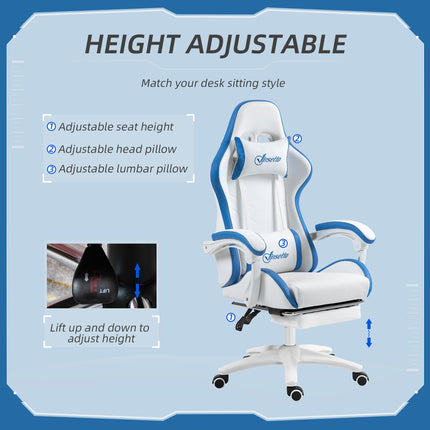 Computer Gaming Chair with Footrest, 135° Reclining Swivel Desk Chair with Lumbar Support for Adults - White and Blue