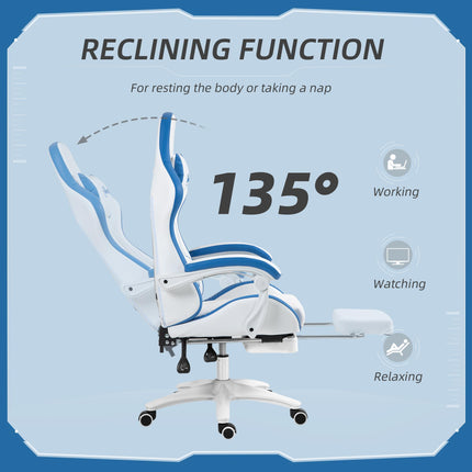 Computer Gaming Chair with Footrest, 135° Reclining Swivel Desk Chair with Lumbar Support for Adults - White and Blue