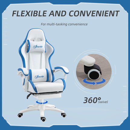 Computer Gaming Chair with Footrest, 135° Reclining Swivel Desk Chair with Lumbar Support for Adults - White and Blue