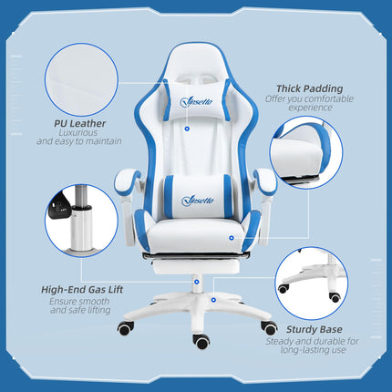 Computer Gaming Chair with Footrest, 135° Reclining Swivel Desk Chair with Lumbar Support for Adults - White and Blue