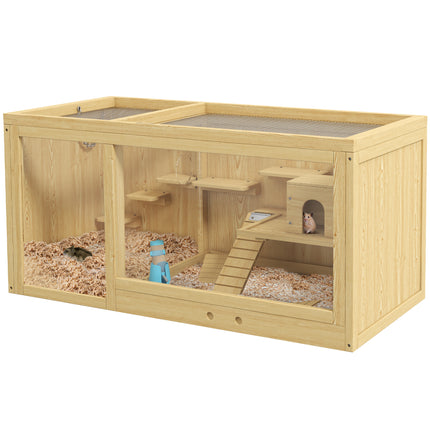 Wooden Hamster Cage with Water Bottle, Platforms, Seesaws & Sliding Tray - Natural Wood Finish