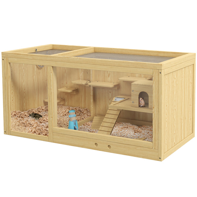 Wooden Hamster Cage with Water Bottle, Platforms, Seesaws & Sliding Tray - Natural Wood Finish