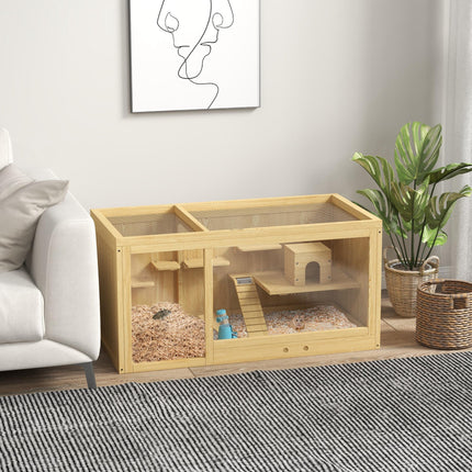 Wooden Hamster Cage with Water Bottle, Platforms, Seesaws & Sliding Tray - Natural Wood Finish