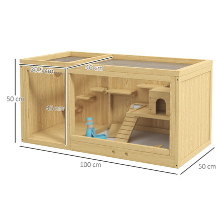 Wooden Hamster Cage with Water Bottle, Platforms, Seesaws & Sliding Tray - Natural Wood Finish
